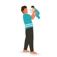 Cheerful Young Man Holding His Baby In Standing Pose. vector