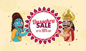 For Dussehra Sale Banner Design With Cheerful Lord Rama And Demon king Ravana Character. vector