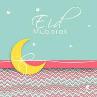 Eid Mubarak Greeting Card With Crescent Moon And Wavy Pattern On Pastel Turquoise Background. vector