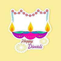 Colorful Burning Oil Lamp With Flower Garland Hang Over Yellow Background Background For Happy Diwali Greeting Sticker. vector