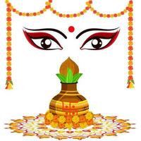 Hindu Mythology Goddess Durga Face With Traditional Pot Over Rangoli And Marigold Garland On White Background. vector