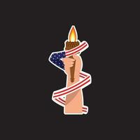 Flaming Torch Holding Hand With Wavy American Flag Ribbon Sticker On Black Background. vector