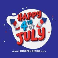 3D Happy 4Th Of July Font With Firework Rockets On White And Blue Background. vector