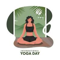 International Yoga Day Poster Design With Beautiful Young Lady Meditating At Mat On Natural View White Background. vector