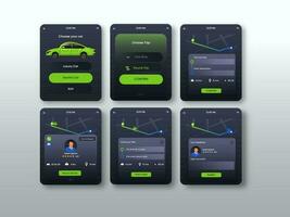 Cab booking app UI, UX screens for smart watches with cab tracking and driver details features. vector