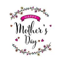 Happy Mother's Day Lettering With Hearts And Floral Sticks Decorated On White Background. vector