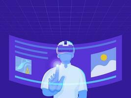 Cartoon Man Touching Virtual Screen Or Display Through VR Glasses Against Violet Grid Background For Metaverse Technology Concept. vector