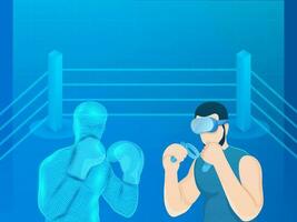 Futuristic digital technology, metaverse game, NFT, virtual reality, young man wearing VR, virtual reality goggle, experiencing virtual boxing game with wireframe boxer. vector