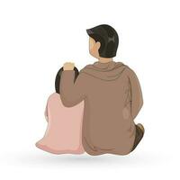 Back View Of Young Man Sitting With His Daughter Against White Background. vector