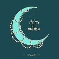 Eid Mubarak Greeting Card With Crescent Moon Decorated Star Garland On Teal Blue Background. vector