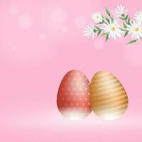 Glossy Easter Eggs And Daisy Branch On Pink Bokeh Blur Background With Copy Space. vector