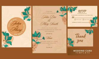 floral Boda tarjeta suite como salvar el fecha, RSVP, gracias usted modelo diseño en marrón antecedentes. vector