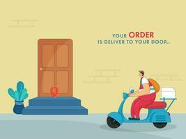 Your Order Is Deliver To Your Door Message Text With Delivery Boy Tracking Order Location At Doorstep Illustration. vector