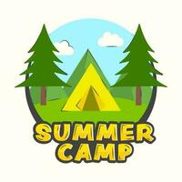 Sticker Style Summer Camp Font With Nature View, Tent, Cloud On Cyan And White Background. vector