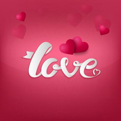 White Love Font With Glossy Hearts Decorated On Red Background.