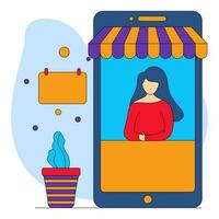 e-shop en teléfono inteligente pantalla con sin rostro mujer, calendario, planta maceta en azul y blanco antecedentes. vector