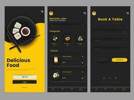 Restaurant Menu App UI Kit Including Login, Category And Booking Table Template In Black And Chrome Yellow Color. vector