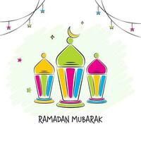 Ramadan Mubarak Concept With Vector Colorful Lanterns, Crescent Moon And Hanging Stars Decorated On White Background.