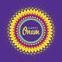 Happy Onam Font On Mandala Frame Against Purple Background. vector