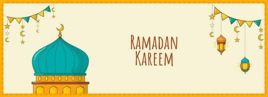 Ramadan Kareem Banner Or Header Design With Mosque, Lanterns, Crescent Moon, Stars Hang And Bunting Flag Decorated Background. vector