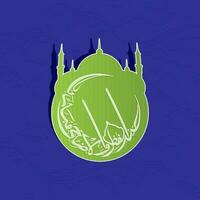 Arabic Calligraphy Of Eid-Ul-Fitr On Green Mosque Sticky Against Blue Background. vector
