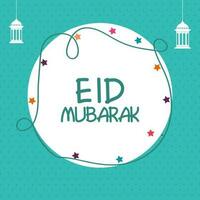 Eid Mubarak Font With Stars, Lanterns Hang On White And Turquoise Background. vector