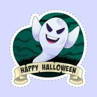 Sticker Style Happy Halloween Font With Funny Ghost On Green And Blue Background. vector