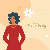 Happy Women's Day Poster Design With Young Lady Character And Flowers On Pastel Orange Background. vector