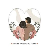 contento San Valentín día concepto con espalda ver de joven Pareja sentado juntos en corazón forma decorado por floral en blanco antecedentes. vector