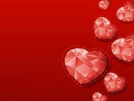 Top View Of 3D Crystal Hearts On Red Polygon Tech Lines Background And Copy Space. vector