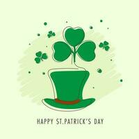 Happy St. Patrick's Day Concept With Leprechaun Hat And Shamrock Leaves On Pastel Green Background. vector