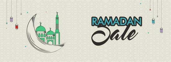 Ramadán rebaja bandera o encabezamiento diseño con garabatear creciente luna, mezquita, colgando estrellas y lamparas en gris geométrico modelo antecedentes. vector