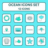 Flat Style 12 Ocean Icons On White And Blue Square Background. vector