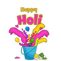 Stylish Happy Holi Font With Colors Coming Out From Bucket, Balloons And Powder In Bowls On White Background. vector