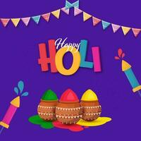 Colorful Happy Holi Font With Mud Pots Full Of Powder Color, Water Guns And Bunting Flags On Purple Background. vector