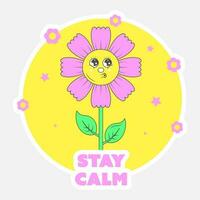 Sticker Style Stay Clam Lettering With Cartoon Flower Plant, Stars On Yellow And Gray Background. vector