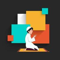 Islamic Young Boy Offering Namaz At Mat And Colorful Square Shapes On Black Background With Copy Space. vector