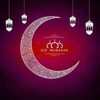 Eid Mubarak Font With Crescent Moon, Stars, Mosque And Lanterns Hang Decorated On Red And Purple Background. vector