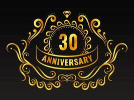 Golden 30th Anniversary Emblem Logo With Flourish Or Motif On Black Background. vector