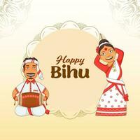 Assamese Man Playing Dhol And Woman Dancing In Traditional Attire On The Occasion Of Happy Bihu. vector