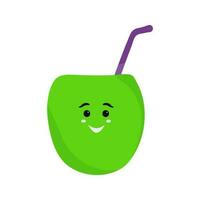 Cute Happy Face Coconut Drink Flat Icon In Green And Purple Color. vector