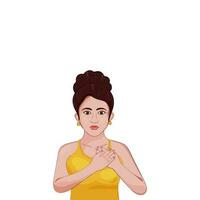 Serious Modern Lady Keep Hands On Chest Or Heart Over White Background. vector