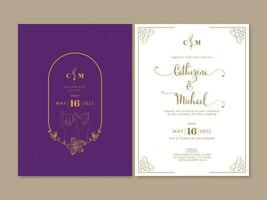 Wedding Invitation Cards With One Finger Hold Hands Of Couple In Purple And White Color. vector