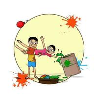 Vector Illustration Of Funny Boys Playing Holi With Barrel Full Of Liquid Colors, Balloons, Splatter Effect On Yellow And White Background With Copy Space.