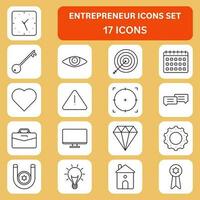 Black Linear Art Entrepreneur Icon Set On Yellow Square Background. vector