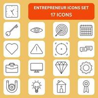 Black Linear Art Entrepreneur Icon Set On Yellow Square Background. vector