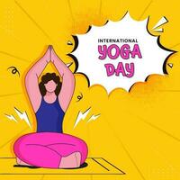 Comic International Yoga Day Font With Faceless Young Woman Meditating On Orange Rays Halftone Background. vector