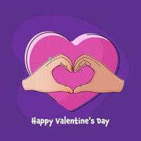 Happy Valentine's Day Poster Design With Couple Hands Forming Heart On Pink And Purple Background. vector