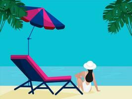 espalda ver de hembra nadador sentado a playa ver con cama solar, paraguas y arboles para Hora de verano concepto. vector