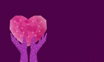 Polygon Lines Hands Holding Heart On Purple Background And Copy Space. vector